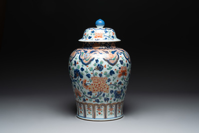A large Chinese verte-Imari 'peony scroll' vase and cover, Kangxi