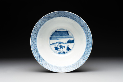 A Chinese blue and white 'Xi Xiang Ji' 'klapmuts' bowl, Kangxi mark and of the period