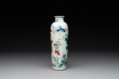 A Chinese wucai 'sleeve' vase with a scholar and servants, Transitional period