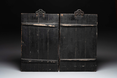 A pair of Chinese famille rose black-gravel-ground plaques, Jiaqing