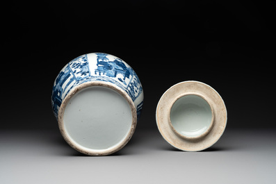 A pair of Chinese blue and white vases and covers with figural panels, 19th C.