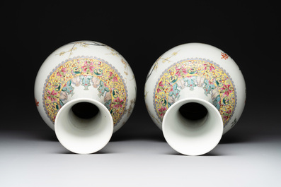 A pair of Chinese famille rose bottle vases with flowers, Qianlong mark, Republic