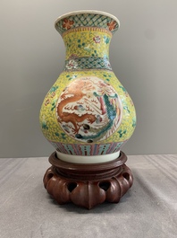 A Chinese famille rose yellow-ground 'dragon and phoenix' vase and a fitted box, Qianlong mark, Republic