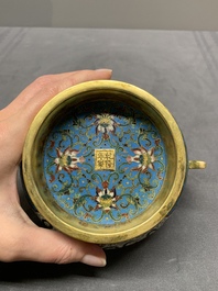 A Chinese cloisonn&eacute; censer and stand with Arabic inscription, Qianlong mark, 19th C.