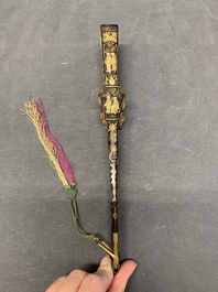 Two Chinese Canton gilt-lacquered and painted paper fans, one with original box, 19th C.