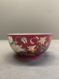 A Chinese famille rose ruby-ground 'peony' bowl, Yongzheng mark, 19/20th C.