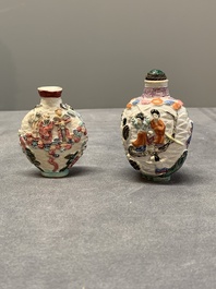 Two Chinese famille rose molded snuff bottles with figural design, Qianlong mark, 19th C.