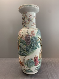 A pair of Chinese famille rose '18 luohan' vases with relief design, 19th C.