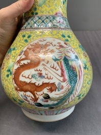 A Chinese famille rose yellow-ground 'dragon and phoenix' vase and a fitted box, Qianlong mark, Republic