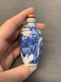 Two Chinese blue and white 'riders on horseback' snuff bottles, Yongzheng mark, 19th C.