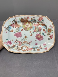 A Chinese famille rose 'pseudo-tobacco leaf' dish, a bowl and a blue and white gilt-decorated jug, Qianlong