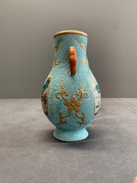 A Chinese famille rose turquoise-ground 'hu' vase and a 'ladies' bowl, Qianlong mark, Republic