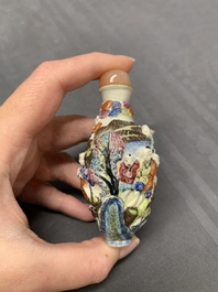 Two Chinese famille rose molded snuff bottles with figural design, Qianlong mark, 19th C.