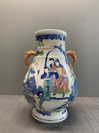 A Chinese famille rose 'hu' vase with figural design, Jiaqing mark, 19/20th C.