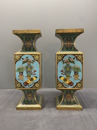 A pair of fine Chinese rectangular cloisonn&eacute; 'antiquities' 'gu' vases, 19/20th C.