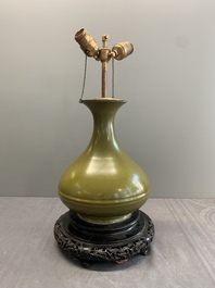 A Chinese monochrome teadust-glazed vase mounted as a lamp, 18/19th C.