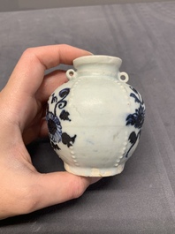 Five Chinese blue and white jarlets and three russet-splashed Longquan celadon jarlets, Yuan/Ming