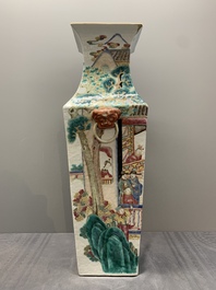 A pair of square Chinese famille rose vases with narrative design, 19th C.