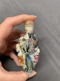 Two Chinese famille rose molded snuff bottles with figural design, Qianlong mark, 19th C.