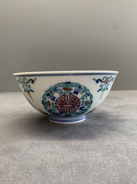 A pair of Chinese doucai 'shou' bowls, Yongzheng mark, 20th C.