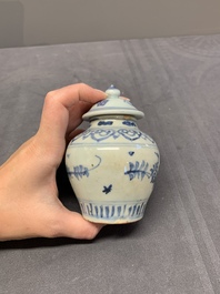 Five Chinese blue and white jarlets and three russet-splashed Longquan celadon jarlets, Yuan/Ming