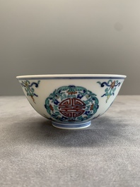 A pair of Chinese doucai 'shou' bowls, Yongzheng mark, 20th C.