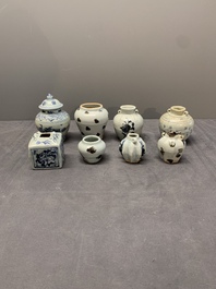 Five Chinese blue and white jarlets and three russet-splashed Longquan celadon jarlets, Yuan/Ming