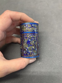 A Chinese enamelled silver bowl, a box and an opium container, 19th C.