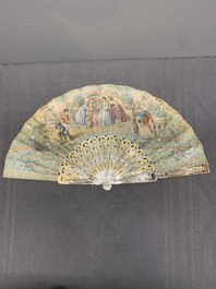 Two folding fans, watercolour on paper and mother-of-pearl, France, 19th C.
