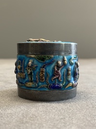 A Chinese enamelled silver incense burner, a covered opium box, a square box and a cloisonn&eacute; covered box, 19/20th C.