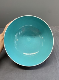 A Chinese famille rose turquoise-and-yellow-ground 'dragon' bowl on wooden stand, Qianlong mark, Republic