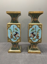A pair of fine Chinese rectangular cloisonn&eacute; 'antiquities' 'gu' vases, 19/20th C.