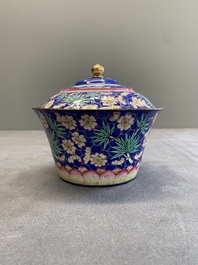 A pair of Chinese Canton enamel bowls and covers with floral design, Qianlong