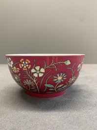 A Chinese famille rose ruby-ground 'peony' bowl, Yongzheng mark, 19/20th C.