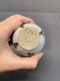 Five Chinese russet-splashed Longquan celadon jarlets, Song/Yuan