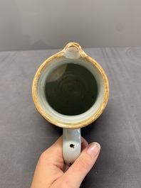 A Chinese famille rose 'pseudo-tobacco leaf' dish, a bowl and a blue and white gilt-decorated jug, Qianlong