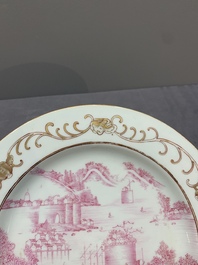 A Chinese puce-enamelled and gilt-decorated 'harbour scene' plate, Qianlong
