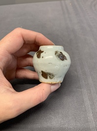 Five Chinese russet-splashed Longquan celadon jarlets, Song/Yuan