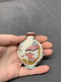 Two Chinese famille rose molded snuff bottles with figural design, Qianlong mark, 19th C.