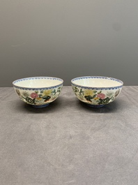 A pair of Chinese famille rose eggshell bowls with floral design, Qianlong mark, 20th C.