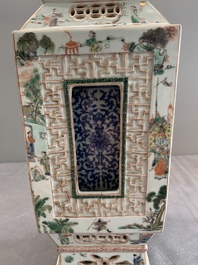 An extremely rare Chinese blue, white and famille verte openworked double-walled vase with figural design, 19th C.
