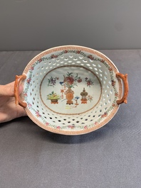 A Chinese openworked famille rose 'antiquities' basket and stand, Qianlong