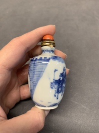 Two Chinese blue and white 'riders on horseback' snuff bottles, Yongzheng mark, 19th C.