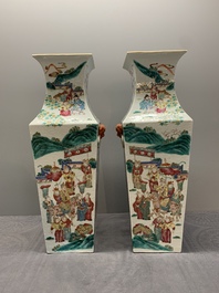 A pair of square Chinese famille rose vases with narrative design, 19th C.