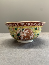 A Chinese famille rose yellow-ground 'dragon and phoenix' bowl, artemisia leaf mark, Guangxu
