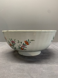 A Chinese famille rose 'pseudo-tobacco leaf' dish, a bowl and a blue and white gilt-decorated jug, Qianlong