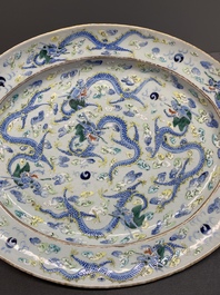 An oval Chinese Canton famille verte 'nine dragons' dish, 19th C.