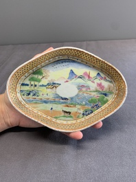 A pair of Chinese Canton famille rose gilt-decorated quadrifoil 'landscape' dishes, Jiaqing
