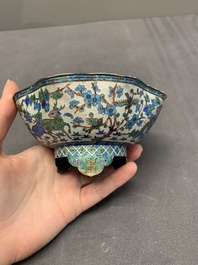 A Chinese enamelled silver bowl, a box and an opium container, 19th C.