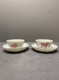 A pair of fine Chinese famille rose cups and saucers with floral design, Yongzheng